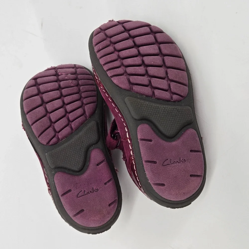 Clarks First Shoes Tiny Mist Plum Burgundy Leather Mary Jane Stars Shoes Sz 6W